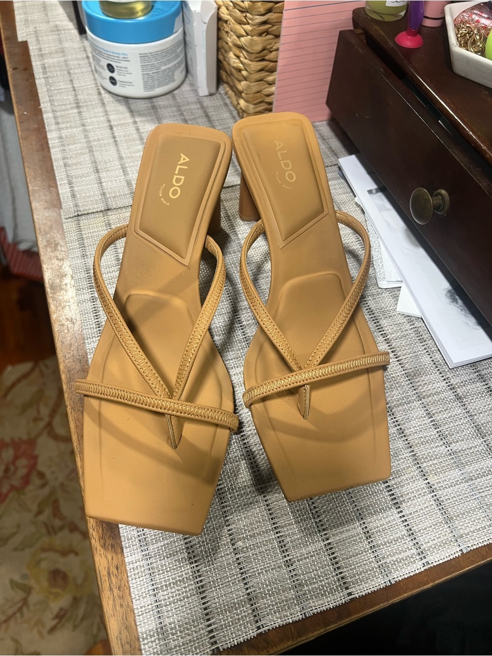 ALDO Camel Tan Strappy Square-Toe Heeled Sandals